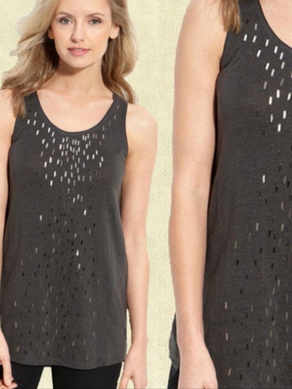 Eileen Fisher Tank Top Linen Jersey Sequin Embellished Scoop Neck Sz M